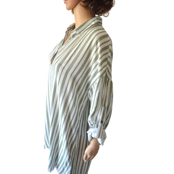 Umgee Green White Striped V Neck Roll Tab Sleeve Frayed Tunic Mini Dress Size L - Picture 2 of 6